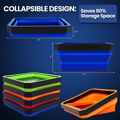 Foldable Magnetic Parts Tray Set 4 Pack Color Coded Collapsible Trays With 2 Pound Capacity And Strong Magnetic Base For Auto Repair Mechanics And Workshop Organization Grab And Go Ready, featuring stacked blue, green, orange trays and size dimensions.