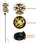 Dimensions of Solar Powered Owl Wind Spinner Stake Light for Outdoors With Warm White LEDs shown with features and close-ups.