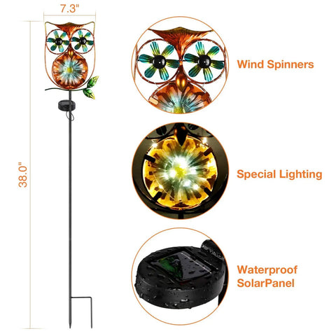 Dimensions of Solar Powered Owl Wind Spinner Stake Light for Outdoors With Warm White LEDs shown with features and close-ups.