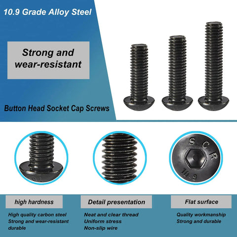 M3 Button Head Socket Cap Screws Set 20 25 30 35 40mm Fully Threaded 10.9 Grade Alloy Steel Black Oxide Finish with close-up details
