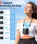 Woman wearing Portable Waist Fan With 6 Speed Turbo Airflow And 15000 RPM, 30 Hour Battery Life, Rechargeable Wearable Hands Free Fan