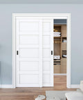 White Paintable MDF Double Five Panel Closet Sliding Doors With Hardware Kit, Pre Drilled Panels, 60 By 80 Inches, installed