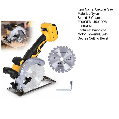 Heavy Hitter 6 Inch Cordless Circular Saw Featuring Brushless Motor 20 Volt Battery Compatible Knockout 3 Speed Settings with T.C.T saw blade.