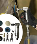 Pro Grade Pneumatic Angled Grinder Kit With Rubber Sanding Discs And 80 Grit Pads featuring a compact metal grinder in action.