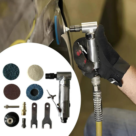 Pro Grade Pneumatic Angled Grinder Kit With Rubber Sanding Discs And 80 Grit Pads featuring a compact metal grinder in action.