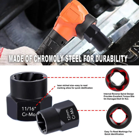Fifteen Piece Bolt Extractor Kit With Three Eighths Inch Stripped Nut Remover, displaying chrome-molybdenum sockets and reverse spiral design.