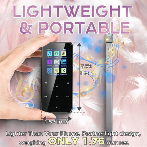 Compact design of 80GB Bluetooth MP3 Player With HiFi Sound Portable Music Player for On The Go, showing 3.74 and 1.57 inch dimensions.