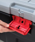 Heavy Duty 48 Gallon Plastic Storage Bin With Two 8 Gallon Nested Lockable Boxes And Secure Fitting Lids showing red latch detail.