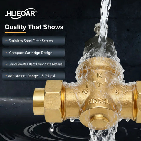 Front view of HLIEOAR brass 1-inch NR3XLDU water pressure reducing valve with double union FNPT connections