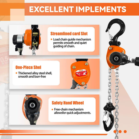 TKK Mini Chain Hoist 1/4 Ton orange alloy steel housing, steel chain and dual hooks (front/side view)