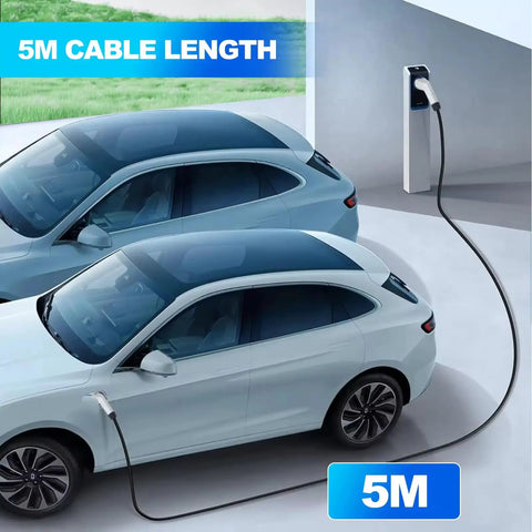 Heavy Duty EV Charging Cable Type 2 Male To GB/T Female Mode 3 Portable Electric Vehicle Cord Five Meter Length connected to two cars.