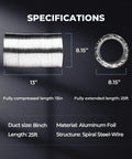 Specifications of 12 Pack 8 Inch Flex Aluminum Ducting 25 Feet Non Insulated Dryer Vent Hose For Heating Cooling And Ventilation With 2 Clamps Silver Durable Inline HVAC Duct Kit, showing dimensions and material details.