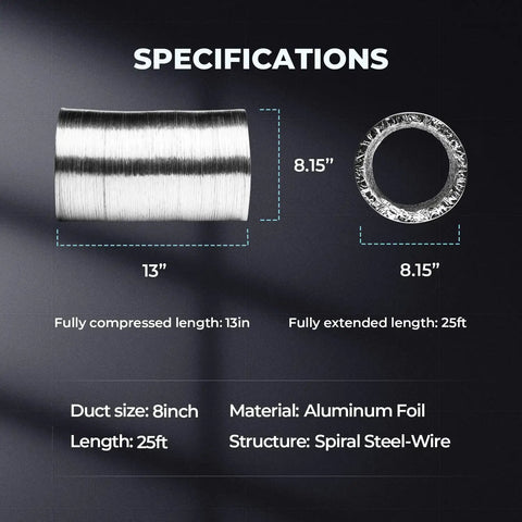 Specifications of 12 Pack 8 Inch Flex Aluminum Ducting 25 Feet Non Insulated Dryer Vent Hose For Heating Cooling And Ventilation With 2 Clamps Silver Durable Inline HVAC Duct Kit, showing dimensions and material details.