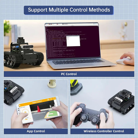 Robot Car Kit With ChatGPT Vision AI Lidar SLAM 3D Depth Camera Tank Chassis For Autonomous Driving shown with control methods