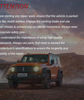 Orange SUV parked on dirt road at sunset with maintenance safety instructions overlayed on the image.