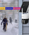 No Monthly Fee Solar Wireless Security Camera Outdoor With PTZ And AI Tracking Color Night Vision Thermal Detection 5G Dual Band WiFi 6 Self Powered By Solar Weatherproof shown in snowy weather