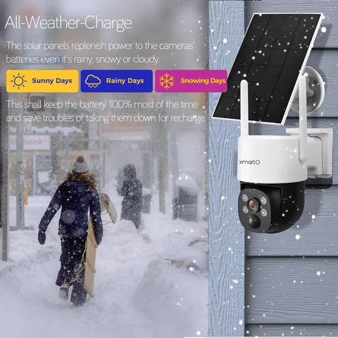 No Monthly Fee Solar Wireless Security Camera Outdoor With PTZ And AI Tracking Color Night Vision Thermal Detection 5G Dual Band WiFi 6 Self Powered By Solar Weatherproof shown in snowy weather