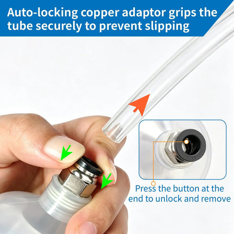 Auto-locking copper adaptor grips tube for Heavy Duty 500cc Fluid Extractor Pump, ensuring secure connection and preventing slipping.
