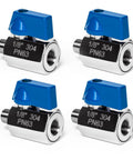 Four Pack 1/2 NPT Mini Ball Valves In 304 Stainless Steel, durable shutoff valves with blue handle, female to male threads