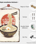 Old School Vintage Metal Sign With Ramen And Egg Theme, Chopsticks In The Mix - Rustic Tin Wall Art with multiple mounting options.