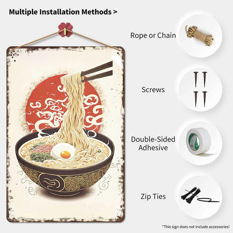 Old School Vintage Metal Sign With Ramen And Egg Theme, Chopsticks In The Mix - Rustic Tin Wall Art with multiple mounting options.