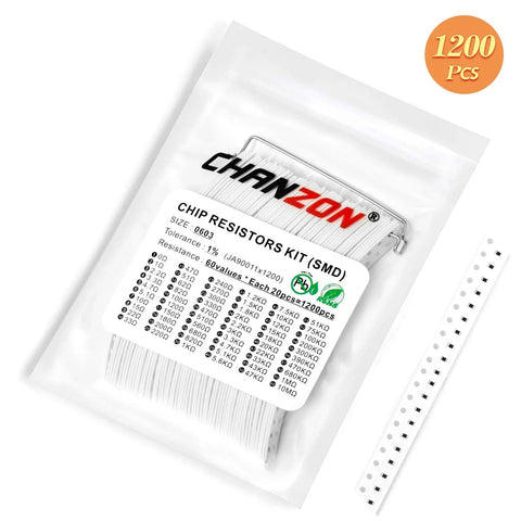 Chanzon 1200pc 0603 SMD resistor kit in resealable bag; 60 values, 0-10 MΩ, 1% tolerance, 1/10W thick-film