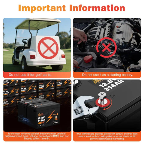 Image showing important usage information for Beefy 12.8V LiFePO4 Battery With Bluetooth 200A BMS Over Fifteen Thousand Deep Cycles.