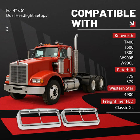 Pair Headlight Bezel With Visor For 4x6 Dual Rectangular Headlamps Fits Kenworth T400 T600 T800 W900B W900L Peterbilt 378 379
