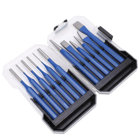 Top Tier 12 Piece Chisel Punch Kit With Blue Handles For Heavy Duty Metalworking And Wood Carving Featuring Precision Heat Treated Alloy Steel Blades That Stay Sharp And Tough Without Bending During Any Engraving Or Marking Job You Pull. 12-piece set in case