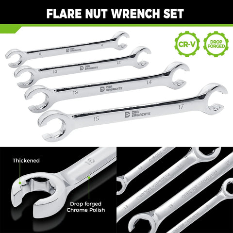 Der Erwachte flare nut wrench set, 4-piece, metric sizes 8–17 mm, chrome-vanadium steel, drop-forged, polished finish