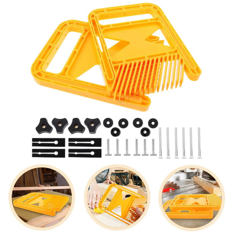 Kickass Woodworking Featherboard Safety Jig For Table Saw And Router Tables Featuring T Slot Rail Adjustable Pressure Grip and Hella Sturdy Shop Gear with yellow plastic base components.