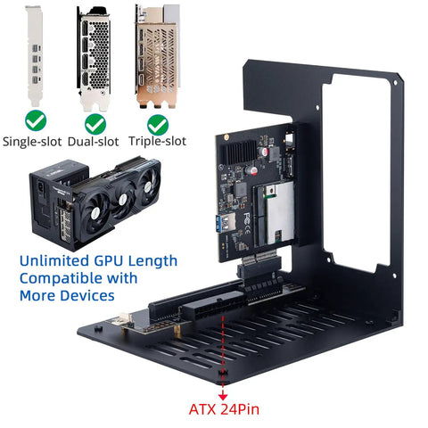 Thunderbolt Four External GPU Enclosure With USB Four Support For NVIDIA And AMD Graphics Cards featuring single, dual, triple-slot compatibility.