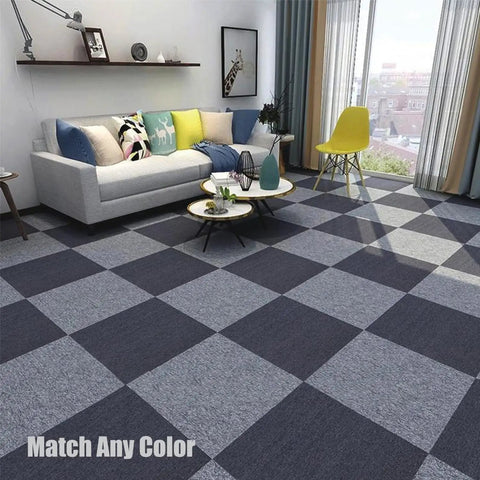 Living room with Heavy Duty 20x20 Inch Carpet Tile Squares Pack For Home Office Hotel, dark gray, non-slip, checkered floor