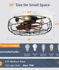 Enclosed 20 Inch Bladeless Ceiling Fan With Light And Remote, compact design, measurement details, recommended bulb types