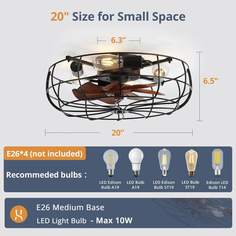 Enclosed 20 Inch Bladeless Ceiling Fan With Light And Remote, compact design, measurement details, recommended bulb types