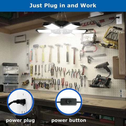 Plug In Garage Shop Light 20000LM Ultra Bright Daylight 6500K 200W 4 Pack Linkable Ceiling Lights in a workshop setting