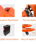 Features of Electric Pallet Jack Truck With 3300 Lb Capacity Beefy Motorized Lift for Indoor Storage and Material Handling 48 By 27 Inch Forks Lithium Battery Powered Pallet Jack Heavy Duty Orange EPJ3300