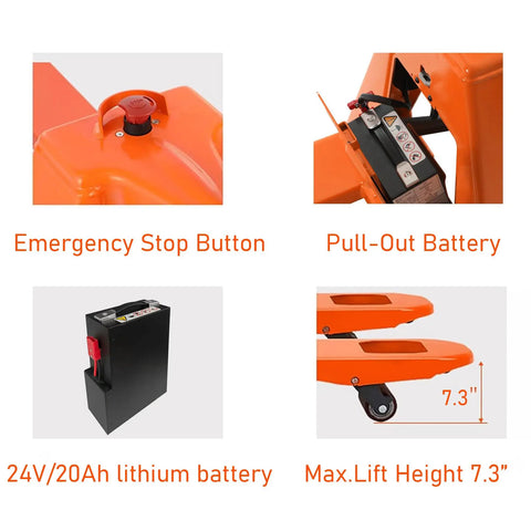 3300 Lb Electric Pallet Jack With 48 Inch Forks And Lithium Battery Powered Walking Truck features emergency stop button and pull-out lithium battery.