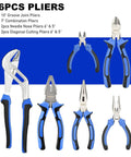 6-piece pliers set includes groove joint, combination, needle nose, and diagonal cutting pliers with blue and black handles.