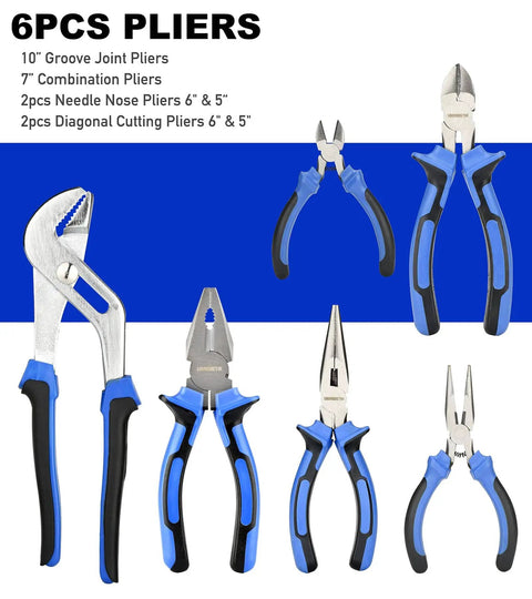 6-piece pliers set includes groove joint, combination, needle nose, and diagonal cutting pliers with blue and black handles.