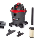 12 Gallon Wet Dry Shop Vacuum Workhorse With 5 Peak HP Motor, Pro Locking Hose, Casters, Accessories, Gray and Red