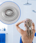 Amaxiu 2Pcs Shower Drain Hair Catcher, 3.54in/5.7in Shower Drain Cover in use, catching hair in a wet shower.