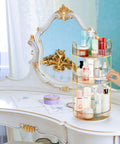360 Smooth Spin 3 Tier Makeup Organizer For Bathroom Counter Or Vanity Styling Large Capacity Lazy Susan Rack displaying skincare products.