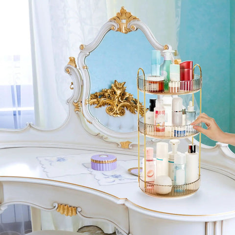 360 Smooth Spin 3 Tier Makeup Organizer For Bathroom Counter Or Vanity Styling Large Capacity Lazy Susan Rack displaying skincare products.