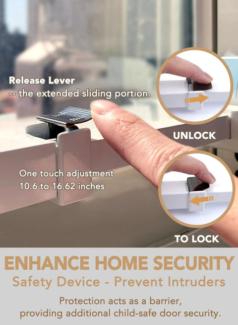 Sliding Glass Door Security Bar Adjustable From 25.75 To 47.5 Inches Keeps Kids Safe And Stays Put Easy Install Rustproof Metal Gate Stopper Fits Most Sliding Doors Space Saving Door Lock Bar For Home And Windows with hand demonstrating locking mechanism