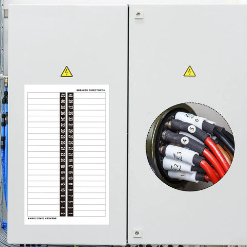 Five Pack Circuit Breaker Box Labels Waterproof Fuse Box Stickers Directory For Electric Panel Load Center Identification Adhesive Labels With Digital Dots For Up To 42 Entries visible on electrical panel with labeled wires.