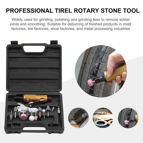 No-Nonsense Heavy-Duty Mini Air Die Grinder Kit with collets, wrenches, and grinding stones in a carrying case.