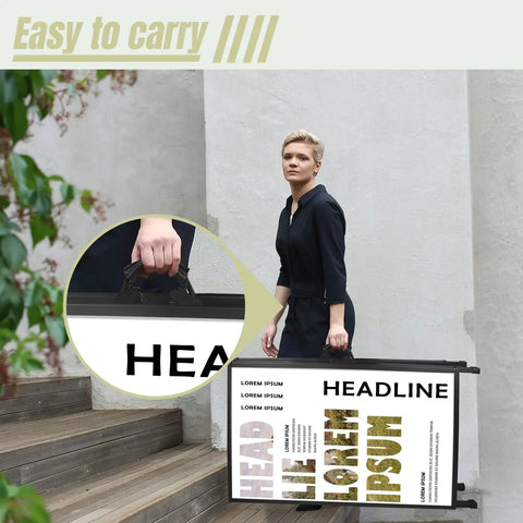 Person carrying Double Sided A Frame Sign 24X36 Inch Heavy Duty Sandwich Board for outdoor pavement displays, easy to carry design.
