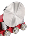 Close-up of dual station Sheet Metal Bender for 24 gauge with removable discs for 90 to 180 degree bends and coiled edges.