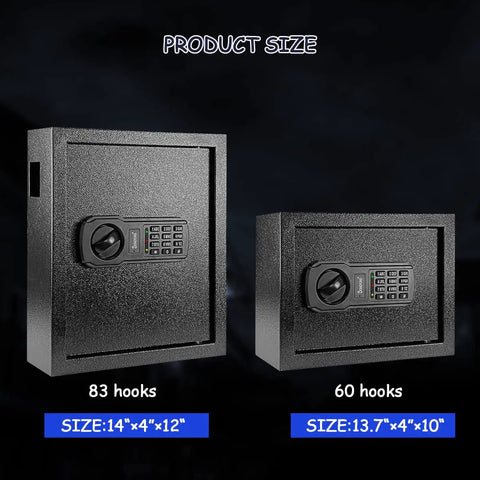 Secure 60 Key Wall Safe With Sensor Light Electronic Key Cabinet Emergency External Power Supply And Wall Mount For Hotels Offices And Car Dealerships Includes 60 Key Tags. Two black electronic safes with keypads marked 83 and 60 hooks.